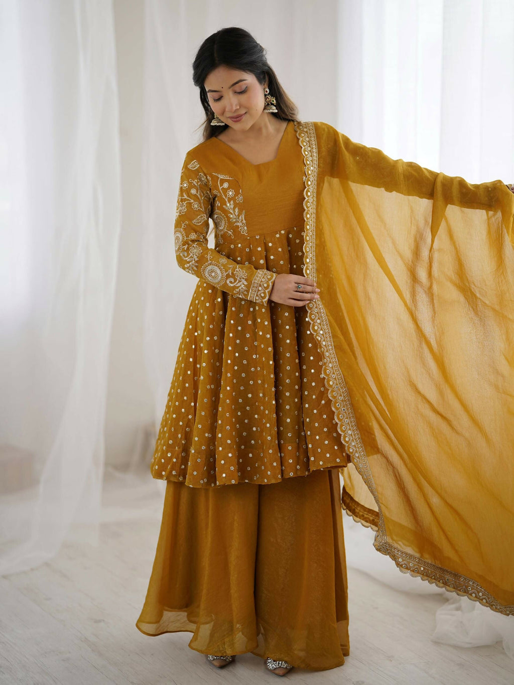 Teeya Creation Women'S New Trendy Embroidery Sequence Work  Yellow Kurta Set