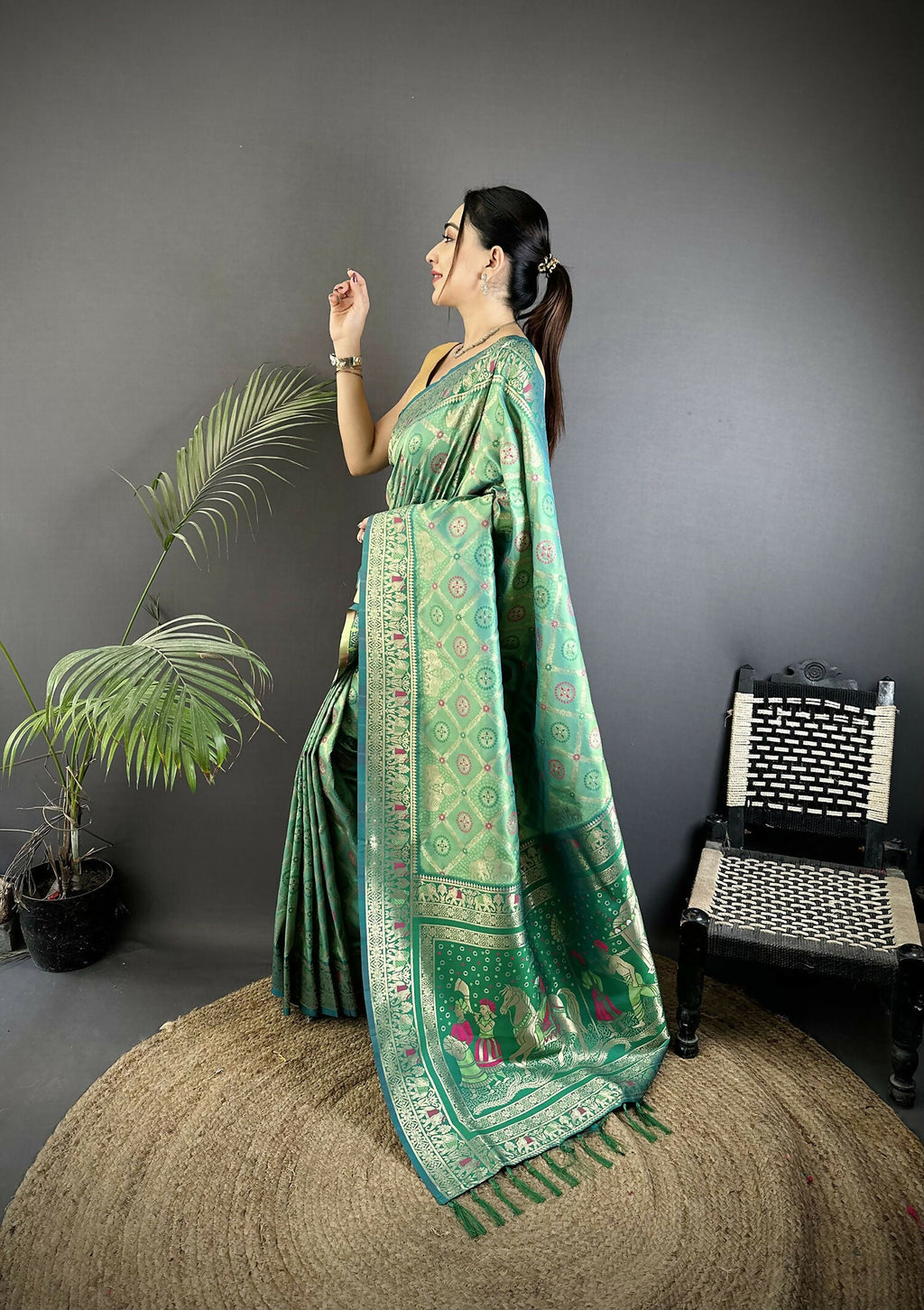 Joban Fashion Aqua Green Geometric Pattern Soft Silk Patola Saree
