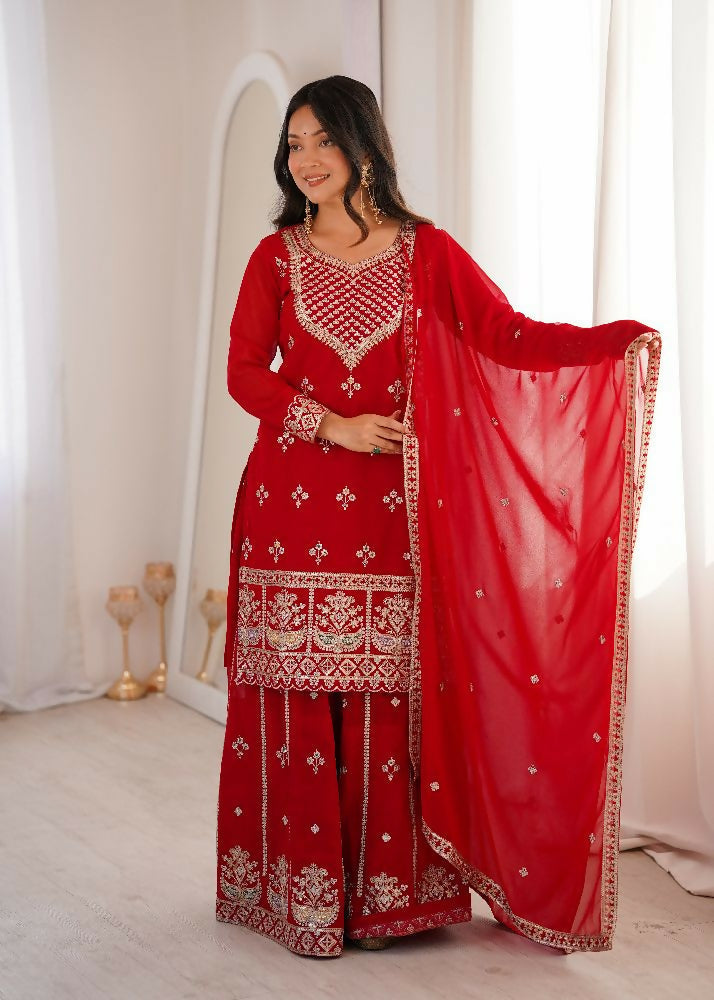 Teeya Creation Red Color Faux Georgette Heavy Embroidery Work Functional Wear Palazzo Set