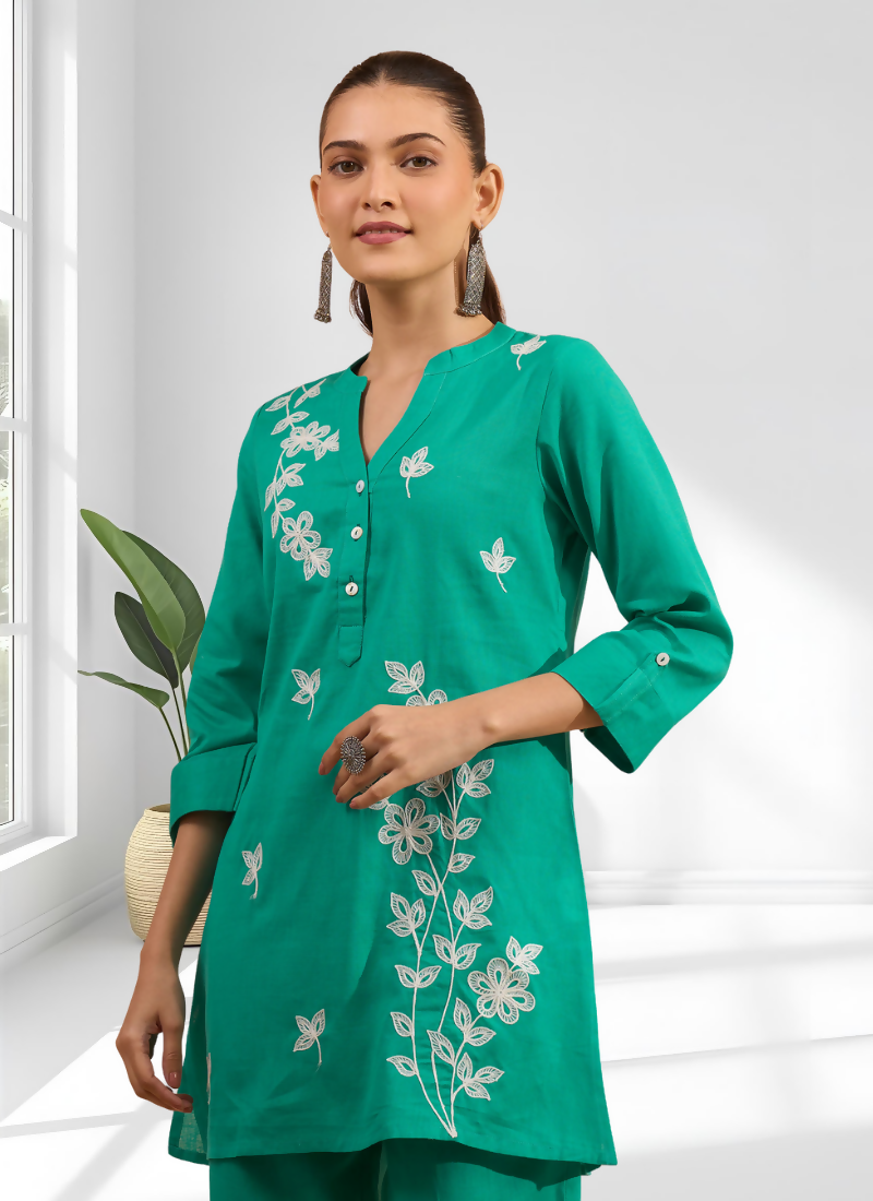 Joban Fashion Sea Green Cotton, Linen Embroidered Readymade Cord Set
