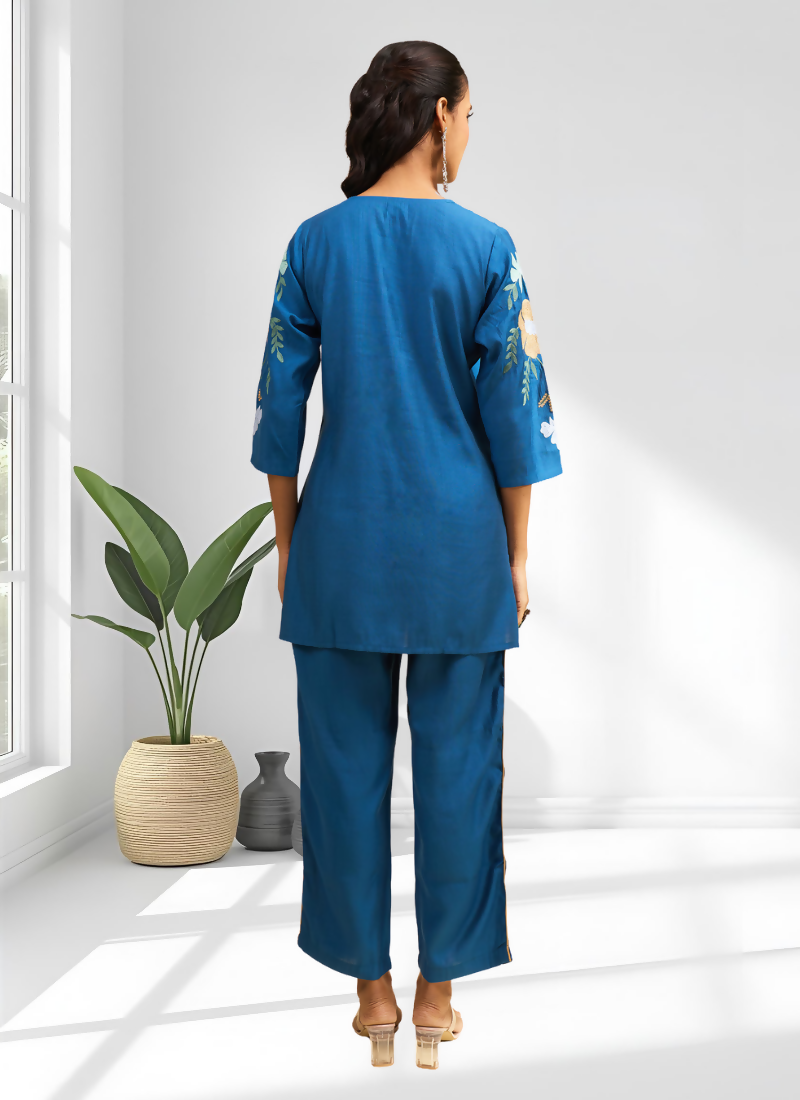 Joban Fashion Teal Silk Embroidered Readymade Cord Set