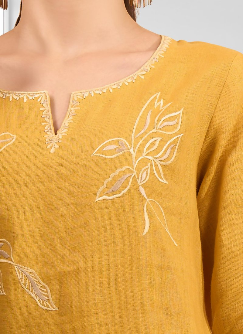 Joban Fashion Mustard Linen Embroidered Readymade Cord Set