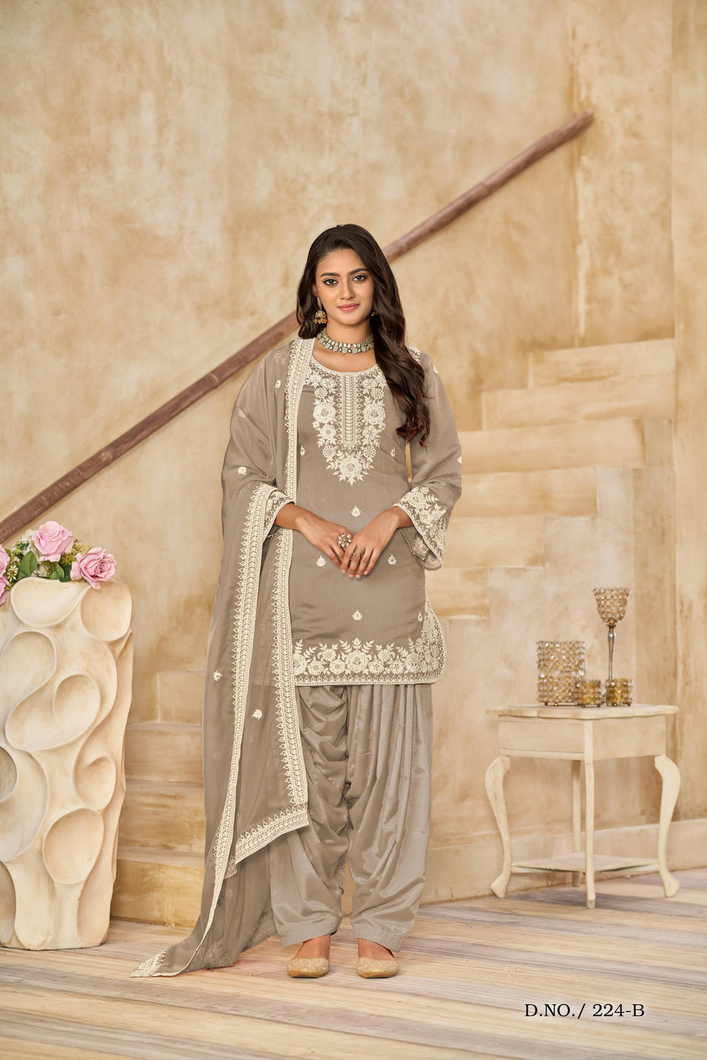 Anaita Beige Premium Thread Embroidered Roman Silk Salwar Suit