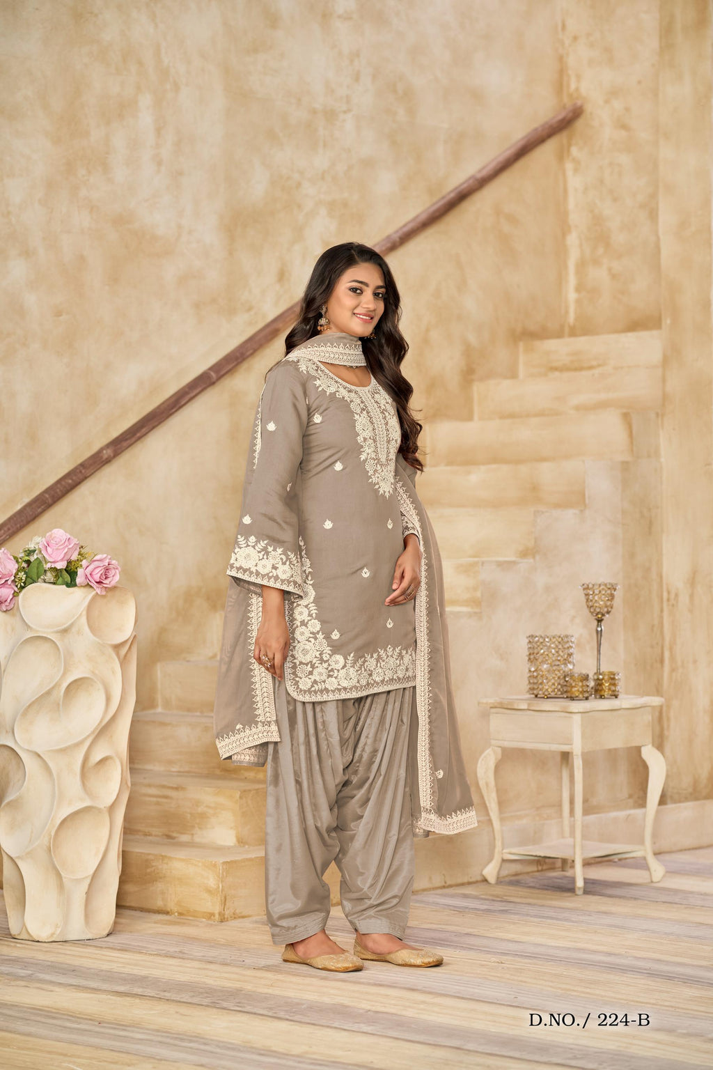 Anaita Beige Premium Thread Embroidered Roman Silk Salwar Suit