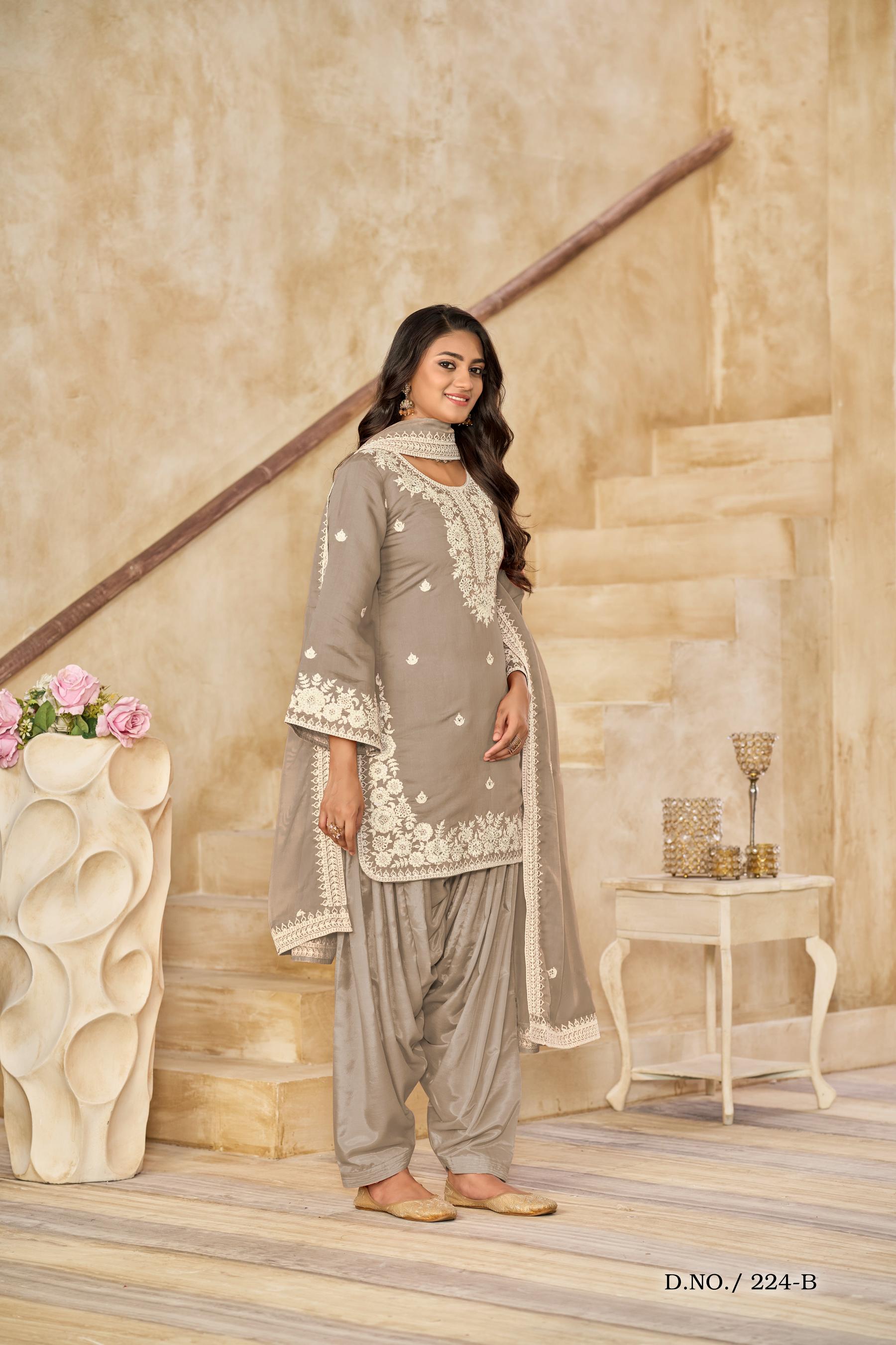 Anaita Beige Premium Thread Embroidered Roman Silk Salwar Suit