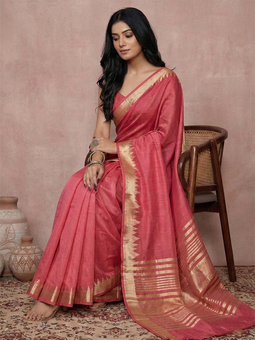 Anaita Coral Cotton Saree With Blouse