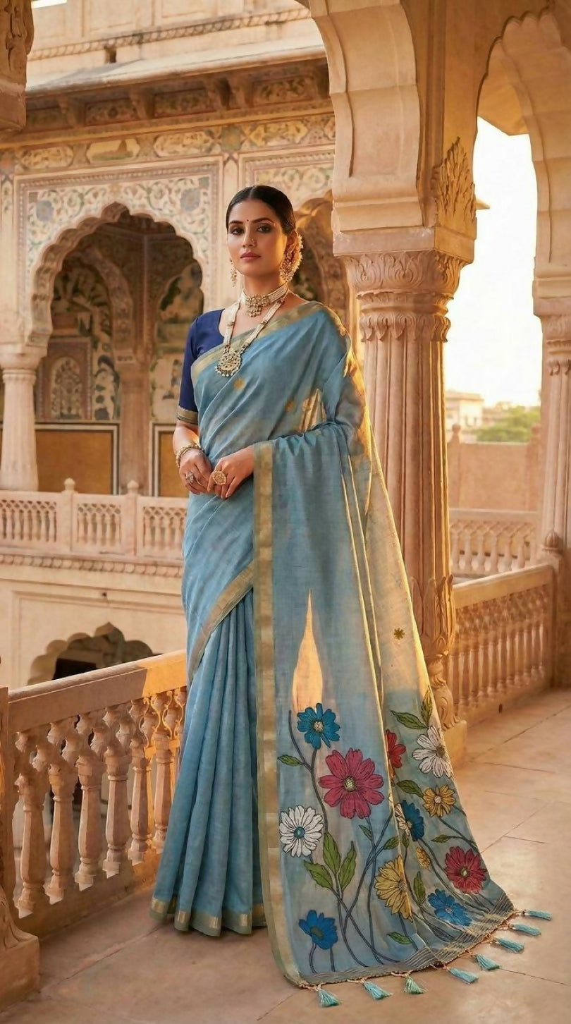 Vastranavya Sky Blue Muga Cotton Meenakari & Azarakh Pallu Saree with Contrast Blouse