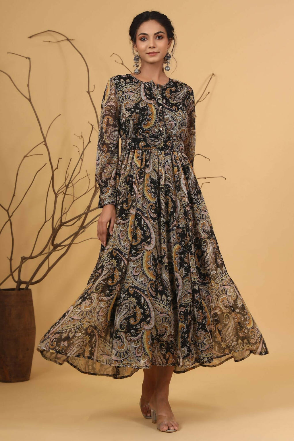 Juniper Women Black Chiffon Printed Flared Dress