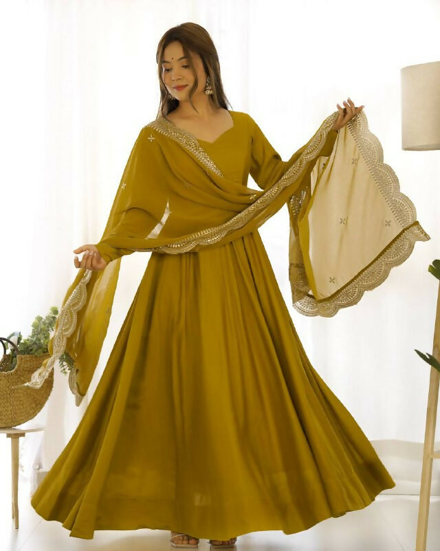 Lehenga Mart Designer Anarkali Suit With Kurta, Pant, Dupatta For Women-Mustard