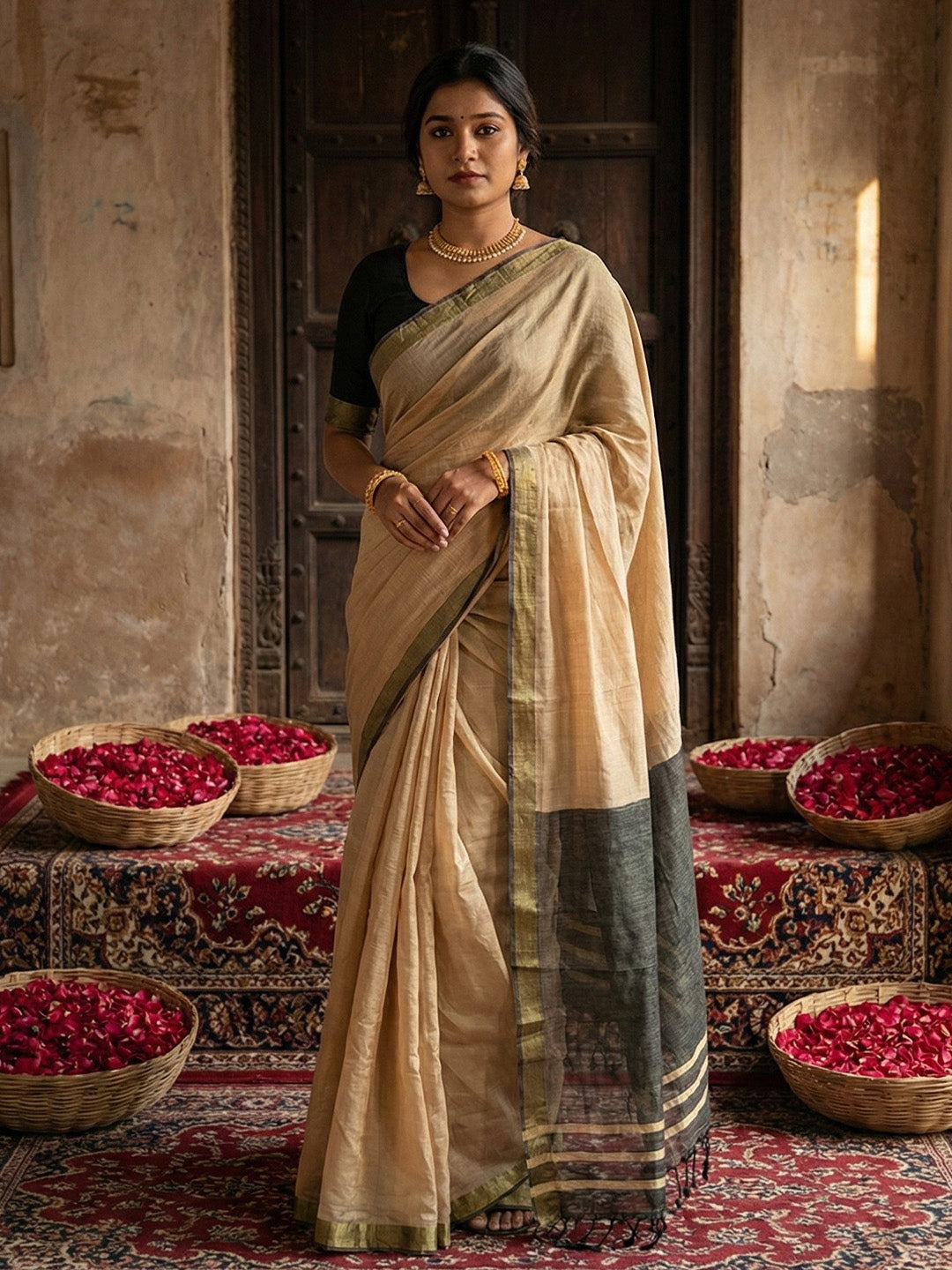 Anaita Cream Cotton Printed Saree With Blouse