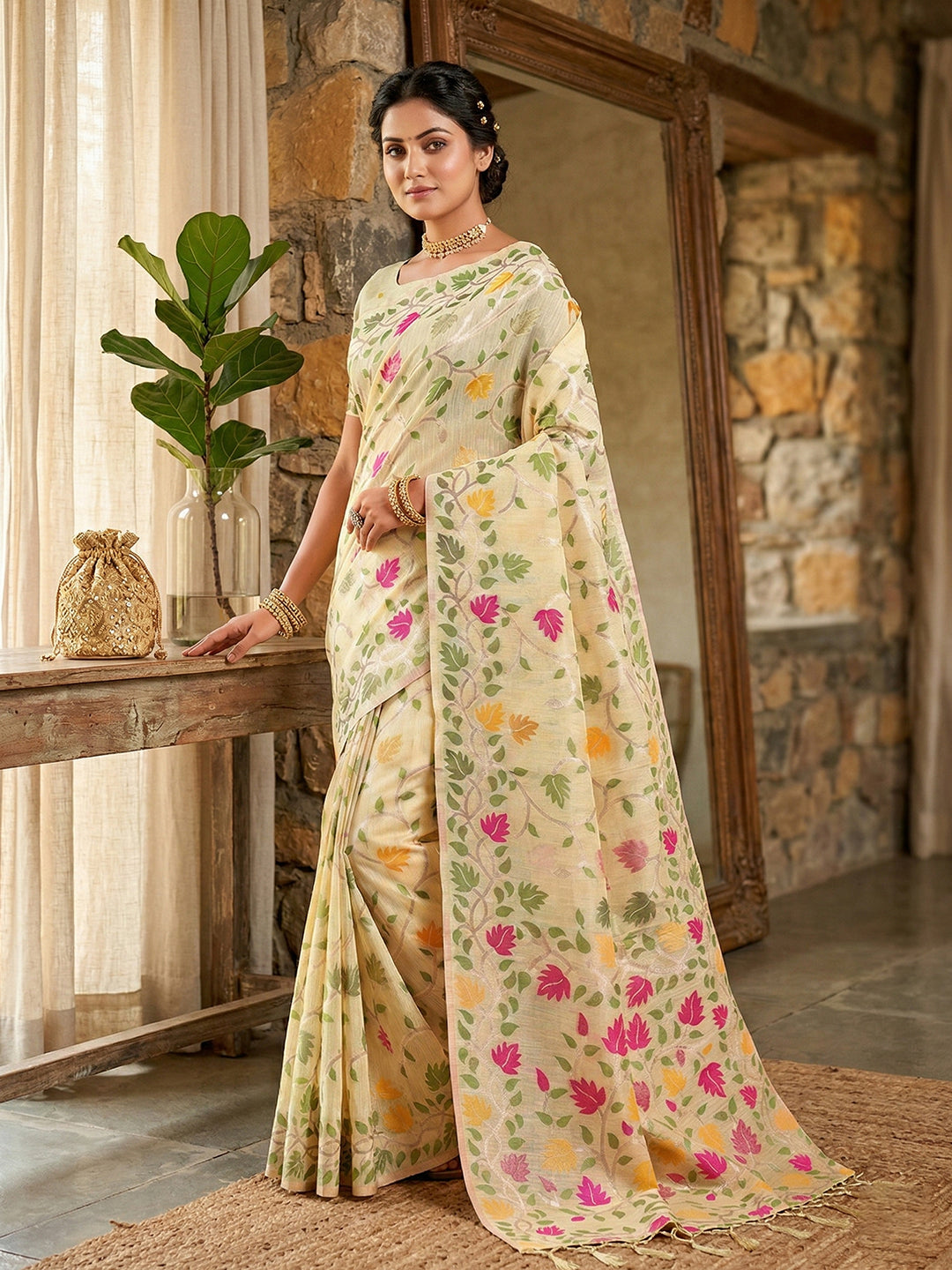 Anaita Cream Linen Woven Work Saree With Blouse
