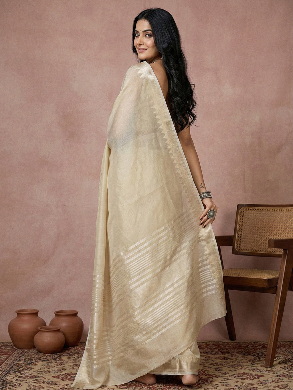 Anaita Cream Cotton Saree With Blouse