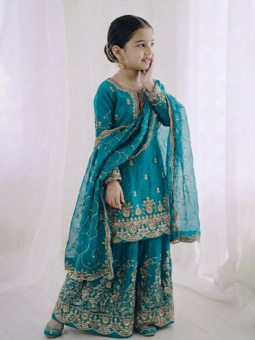 Teeya Creation Girls Heavy Embroidery Turquoise Ethnic Kurta And Palazzo Set With Net Dupatta
