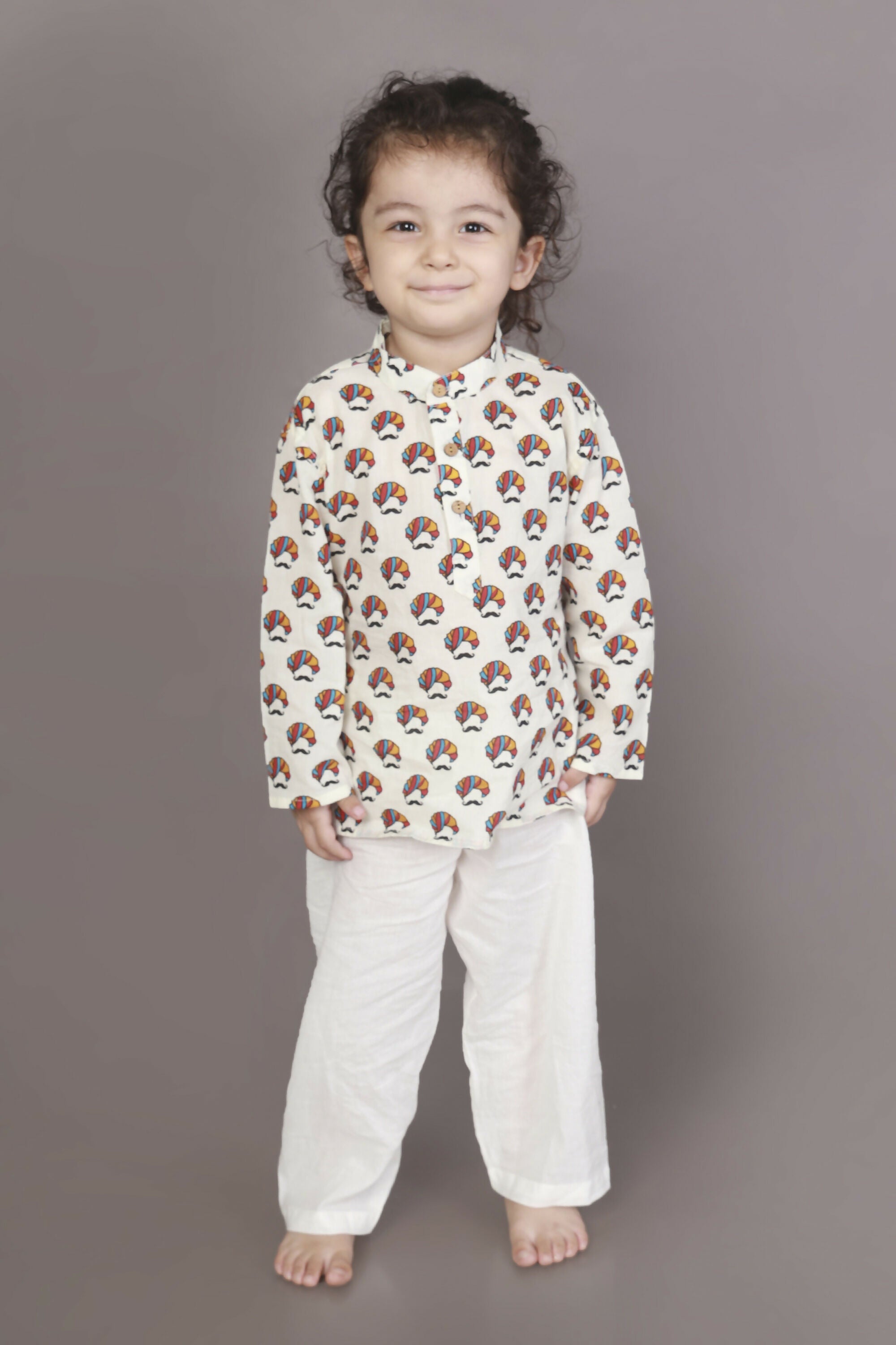 Breathables Kids Cotton Night Suit – White Turban Print Kurta & Pyjama Co-Ord Set For Boys & Girls
