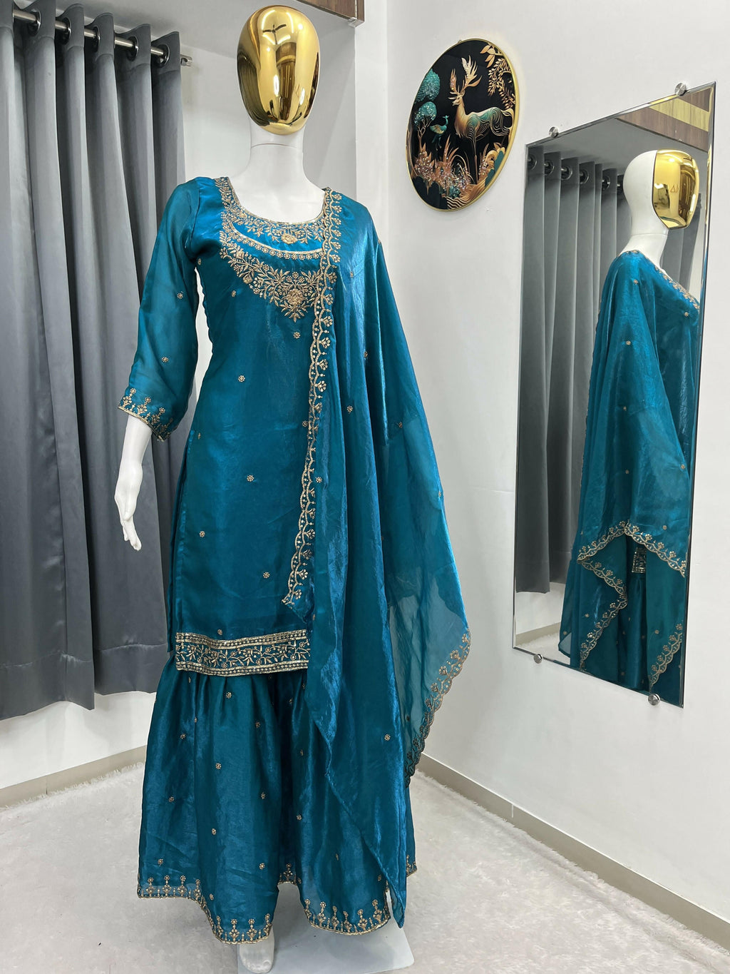 Teeya Creation Teal Color Fendy Satin Silk Heavy Embroidery Work Sharara Suit