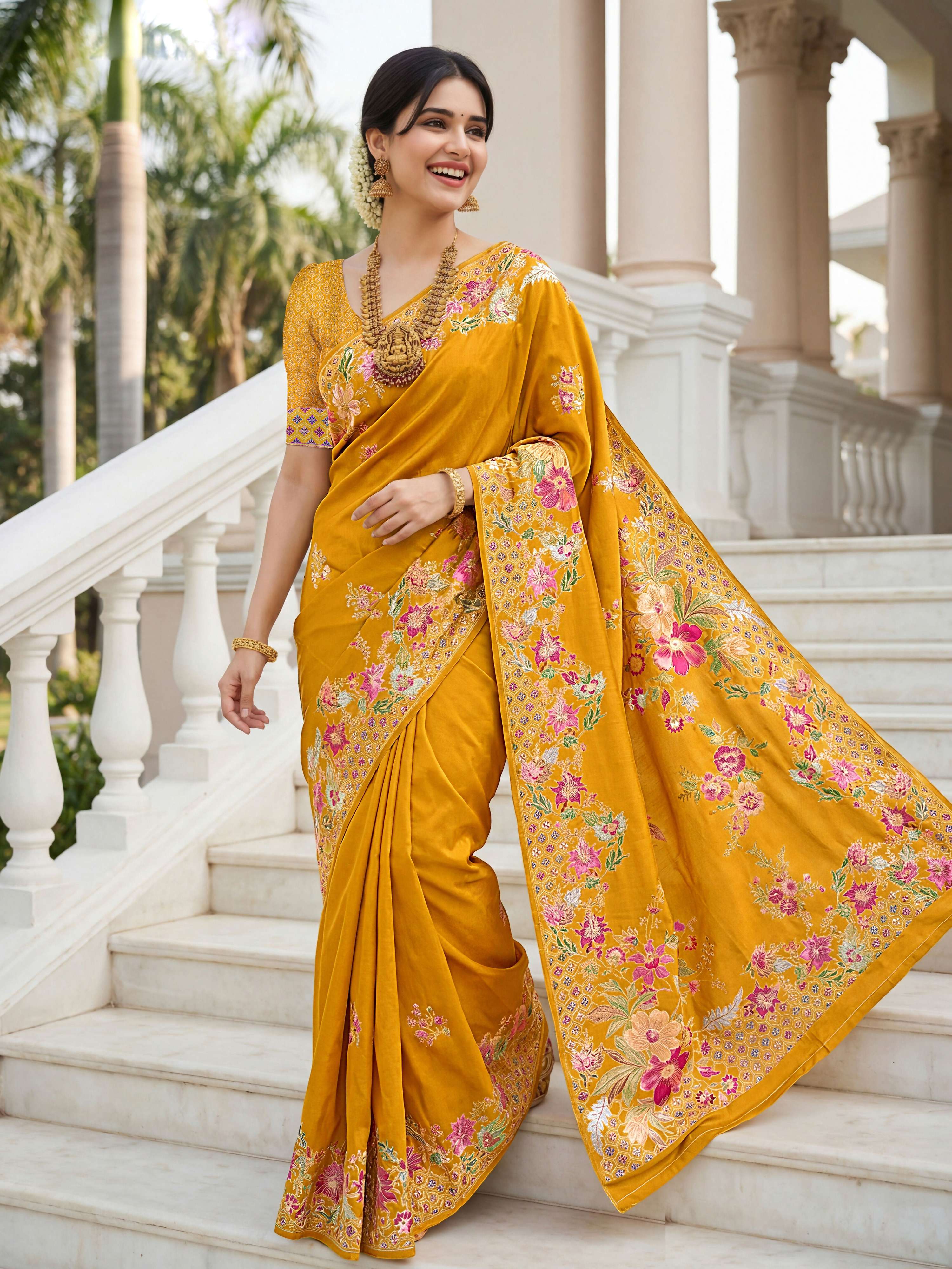 Aastha Fashion Mustard Premium Russian Silk Designer Floral Position Print Saree