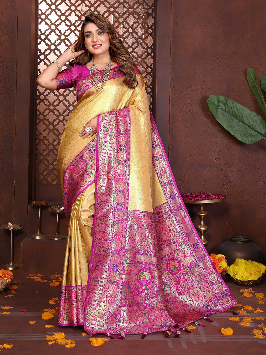 Aastha Fashion Yellow Tissue Silk Weaving Saree