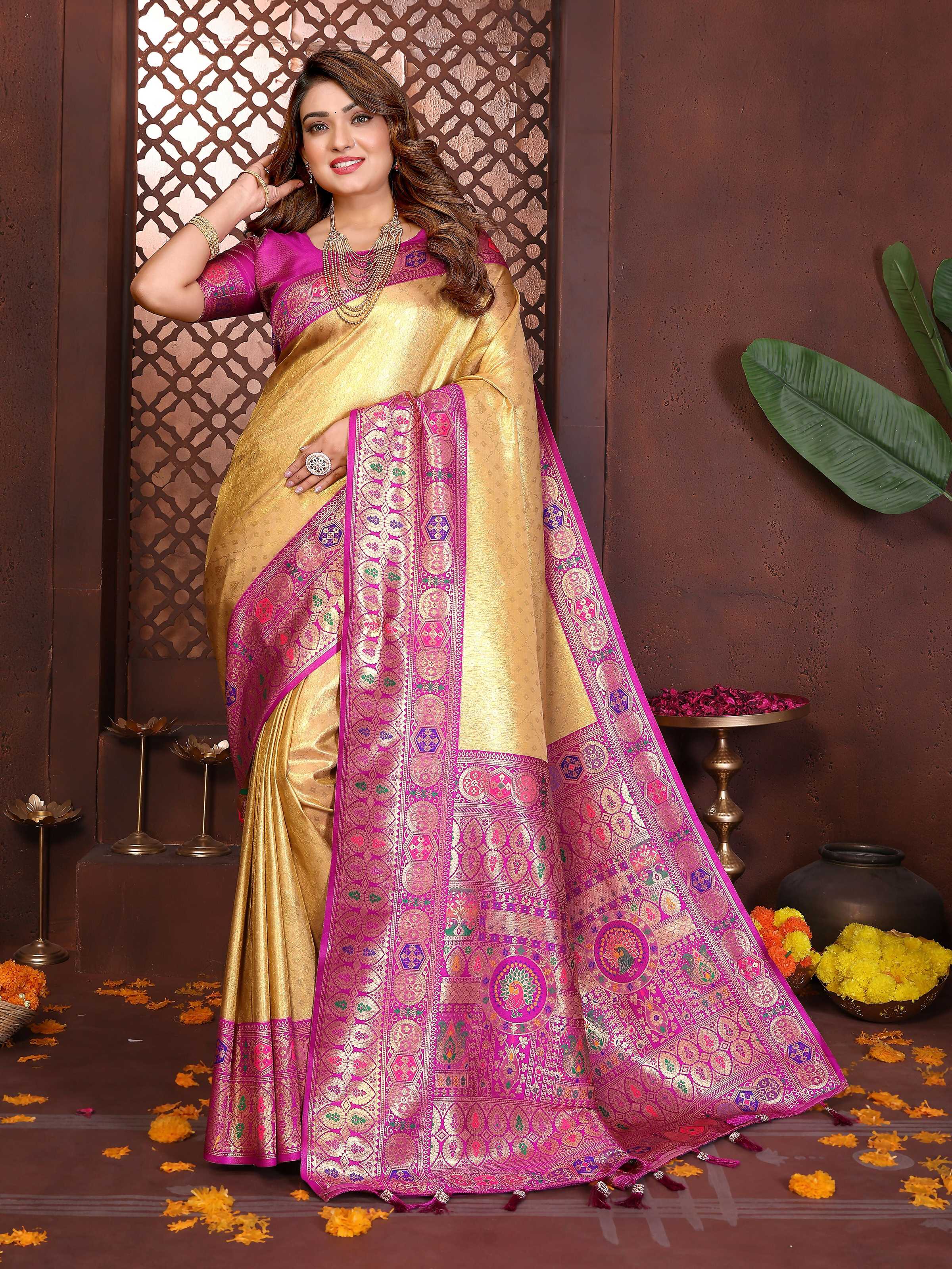 Aastha Fashion Yellow Tissue Silk Weaving Saree