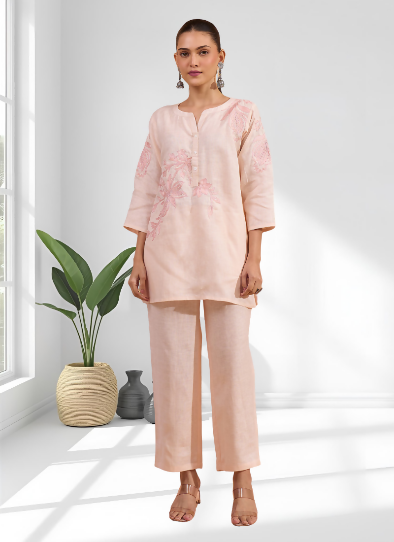 Joban Fashion Pink Linen Embroidered Readymade Cord Set