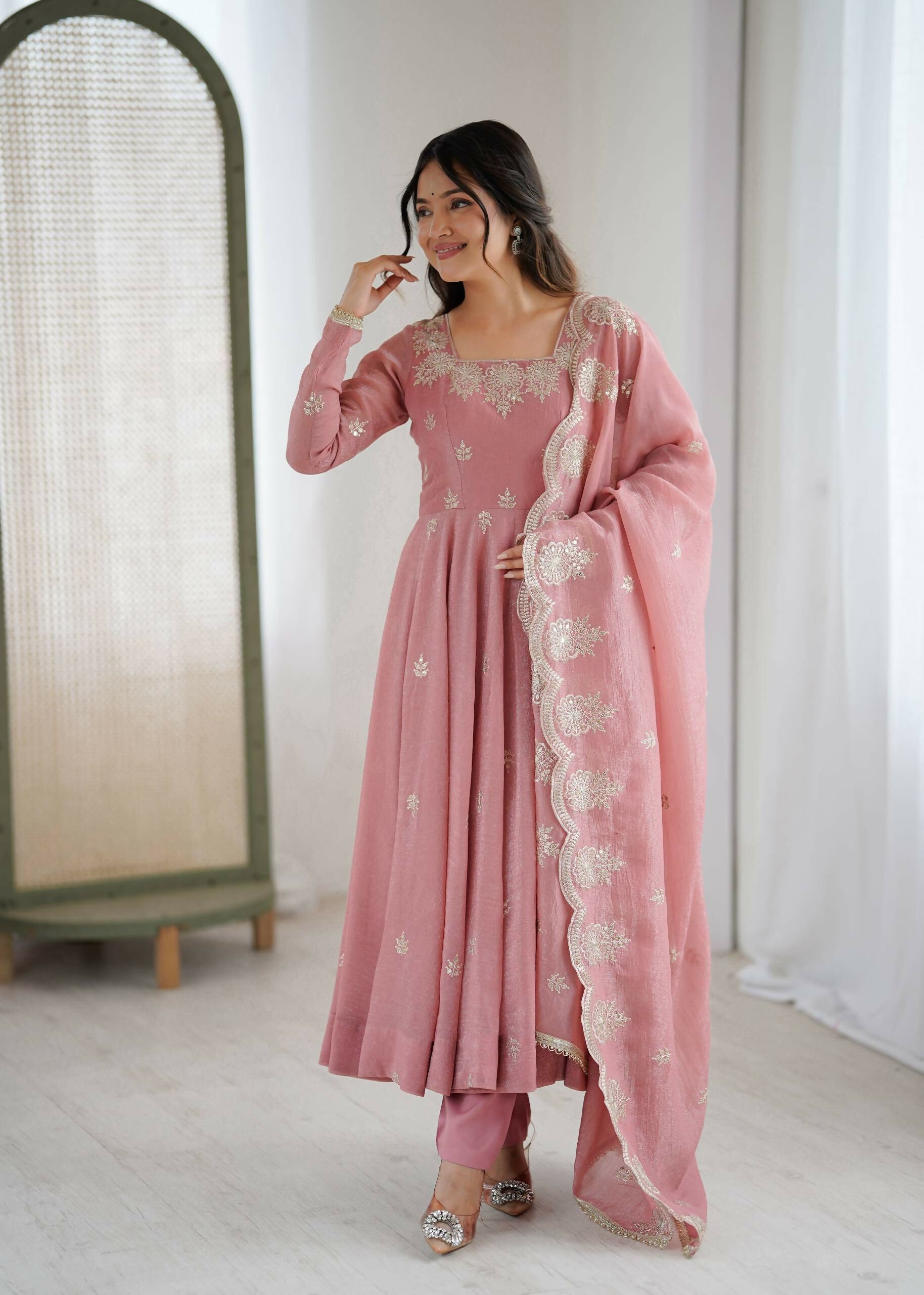Teeya Creation Peach Color Crunchy Silk Embroidery Work Wedding Wear Gown