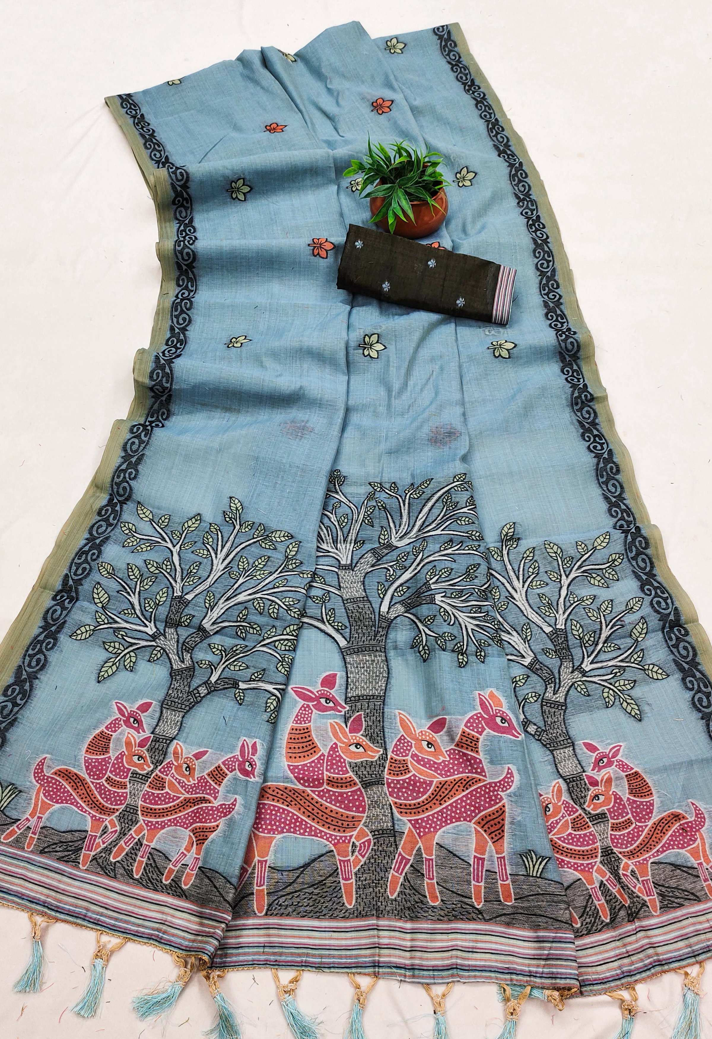 Vastranavya Sky Blue Muga Cotton Meenakari & Azarakh Pallu Saree with Contrast Blouse