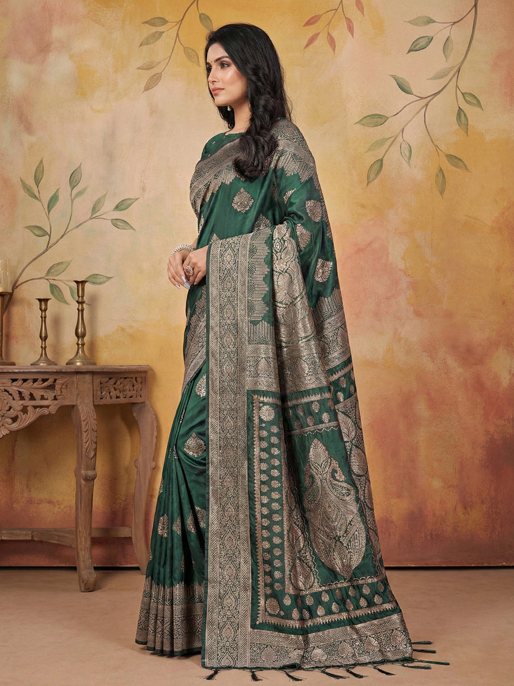 Anaita D Green Silk Blend Woven Saree With Blouse