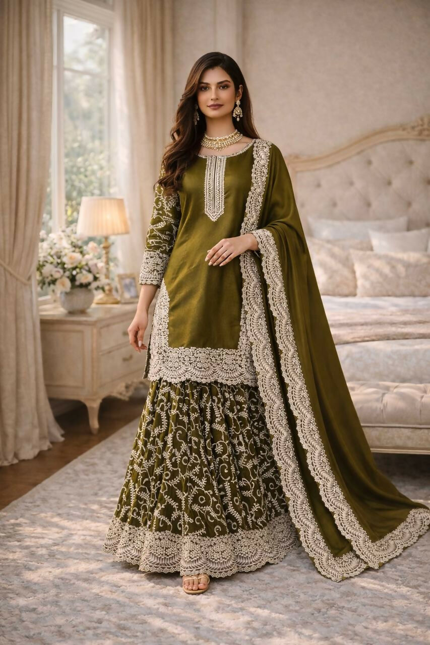 Teeya Creation Mehendi Fendy Satin Heavy Embrodiery Work Wedding Wear Salwar Suit