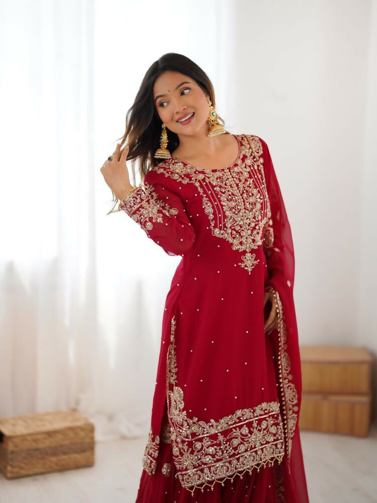 Lehenga Mart Designer Sharara Suit With Kurta, Sharara, Dupatta For Women-Red