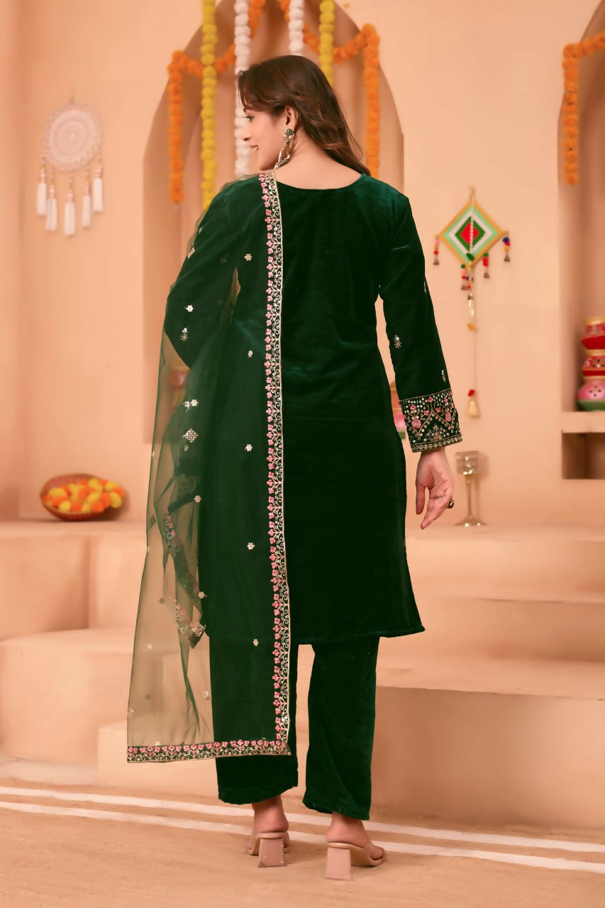 Joban Fashion Green Kurta Set Velvet Embroidery Sequence Work