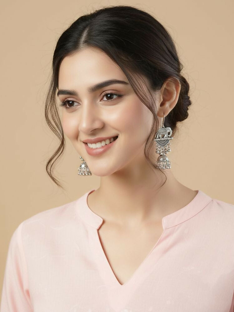 NVR Women Elephant Design German Silver Oxidised Jhumka Earrings