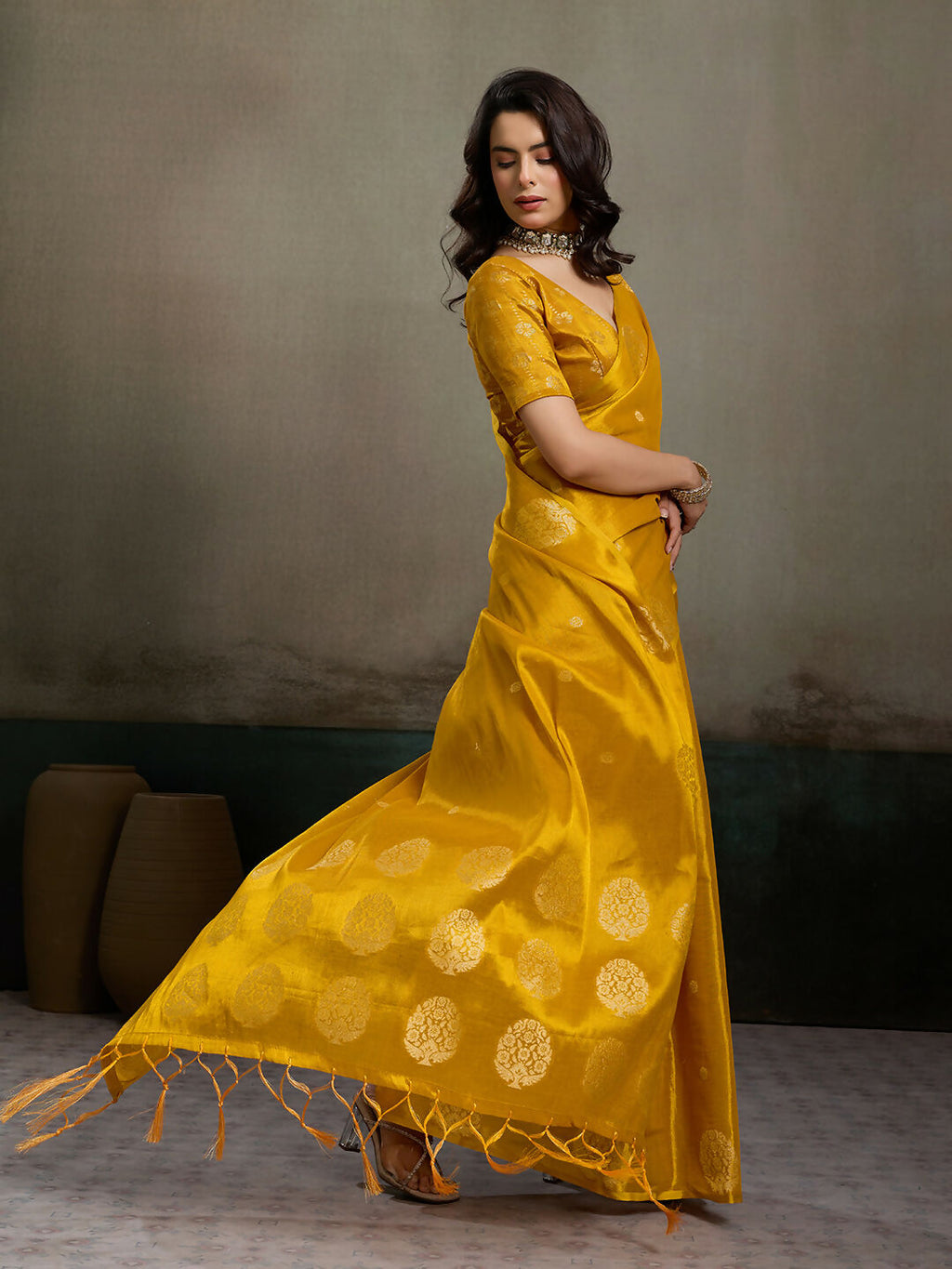 Shree Shyam Fashion Mustard Yellow Tissue Silk Saree