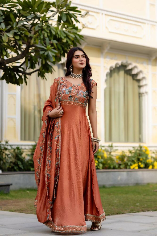 Teeya Creation Orange Color Vichitra Silk Designer Party Wear long Gown