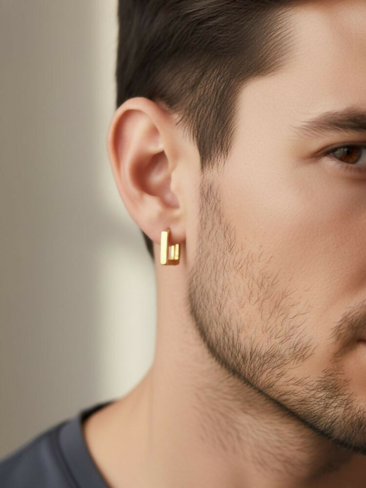 NVR Men's Gold Plated Geomatric Shaped Hoop Earrings