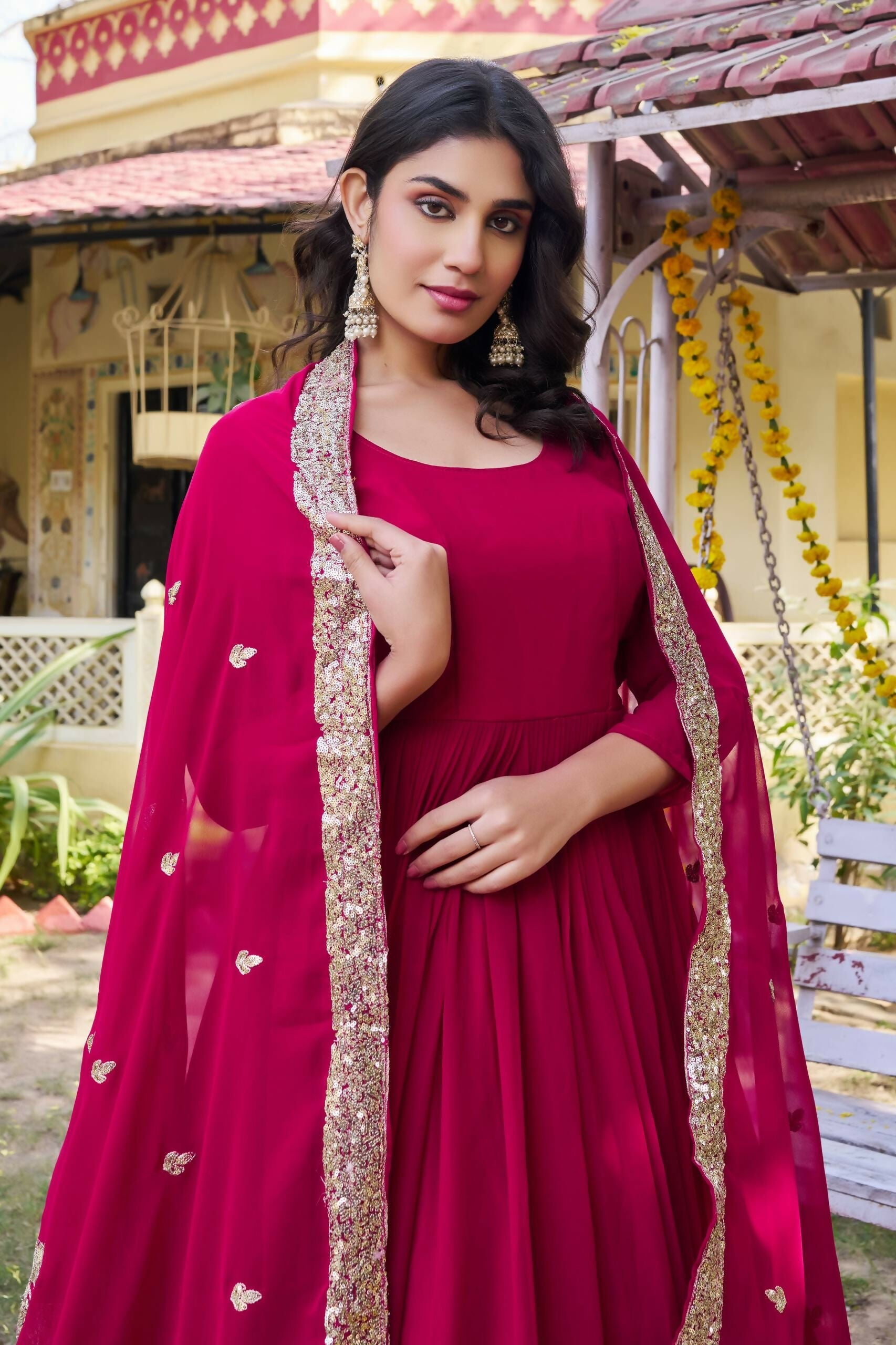 Teeya Creation Womens New Stylish Heavy Sequence Embroidery Work Pink Gown Set