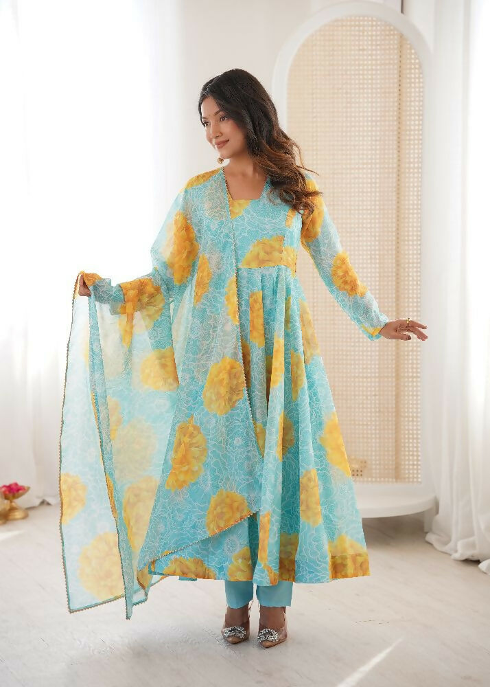 Teeya Creation Multi Color Soft Organza Silk Digital Print Party Wear Gown