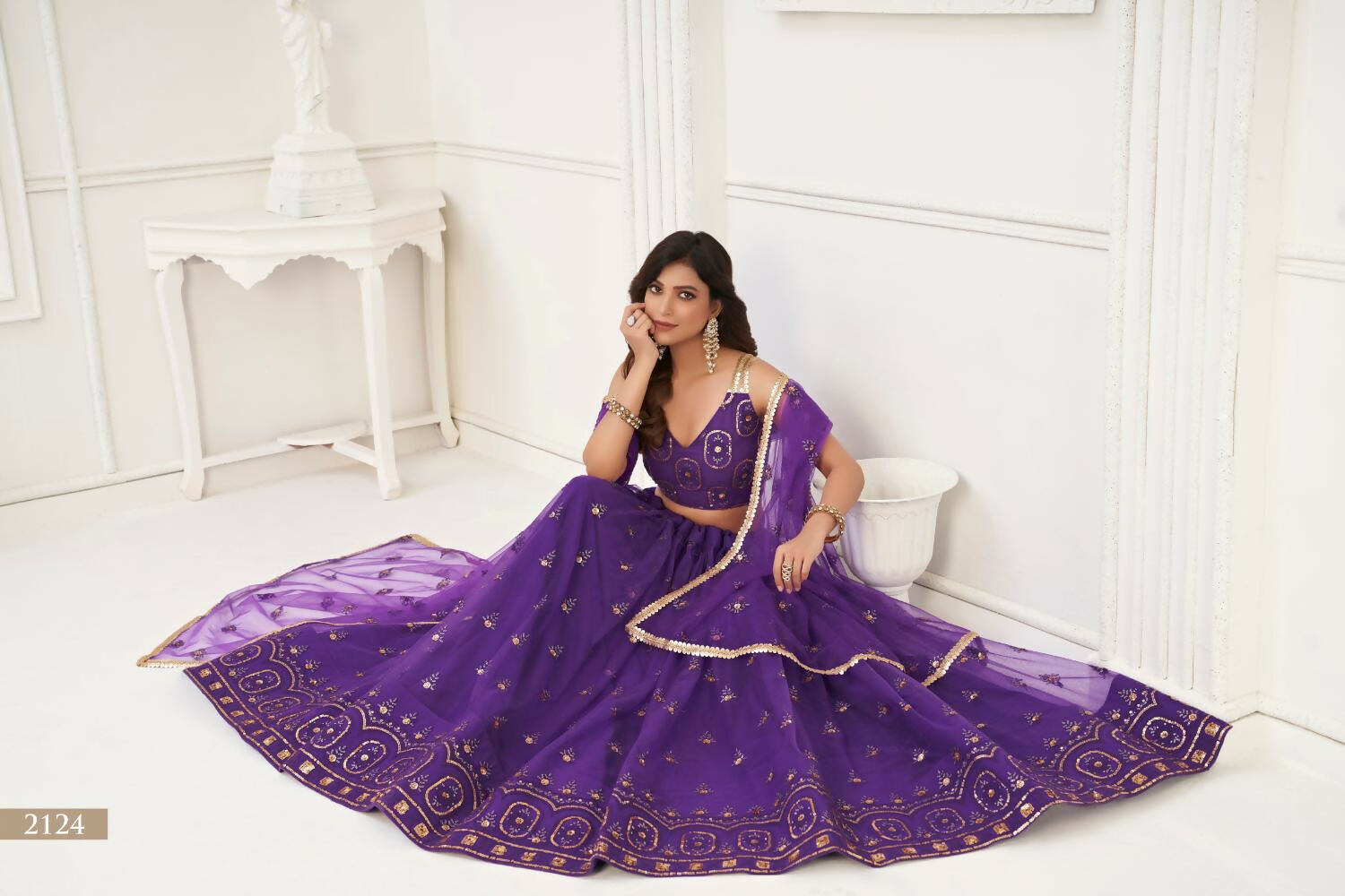 Aastha Fashion Purple Butterfly Net Tone To Tone Thread Work And Sandwich Sequence Work Embroidery Wedding Wear Lehenga Choli