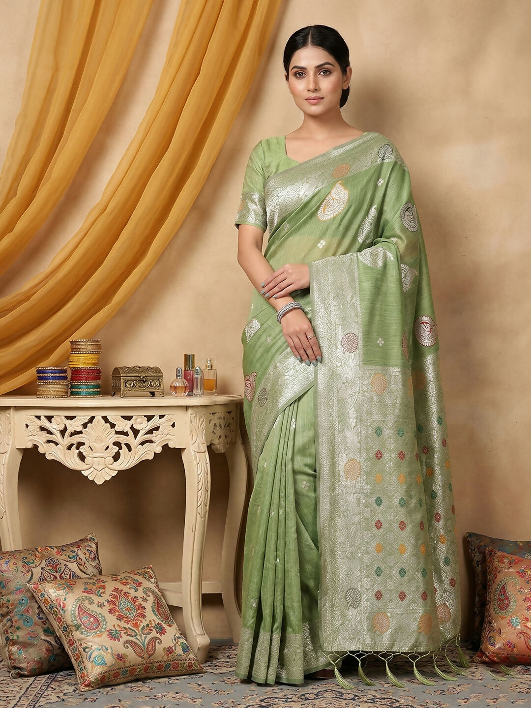 Shree Shyam Fashion Light Green Linen Cotton Saree