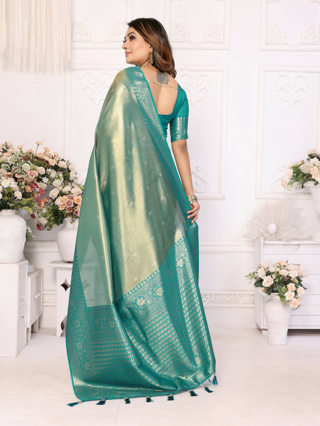 Aastha Fashion Sea Green Tissue Silk Weaving Saree