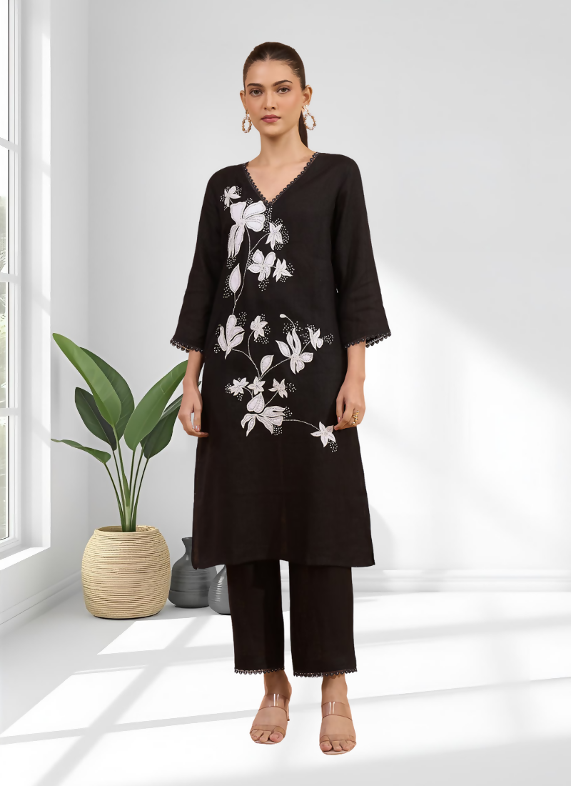 Joban Fashion Black Linen Embroidered Readymade Long Kurta With Pant