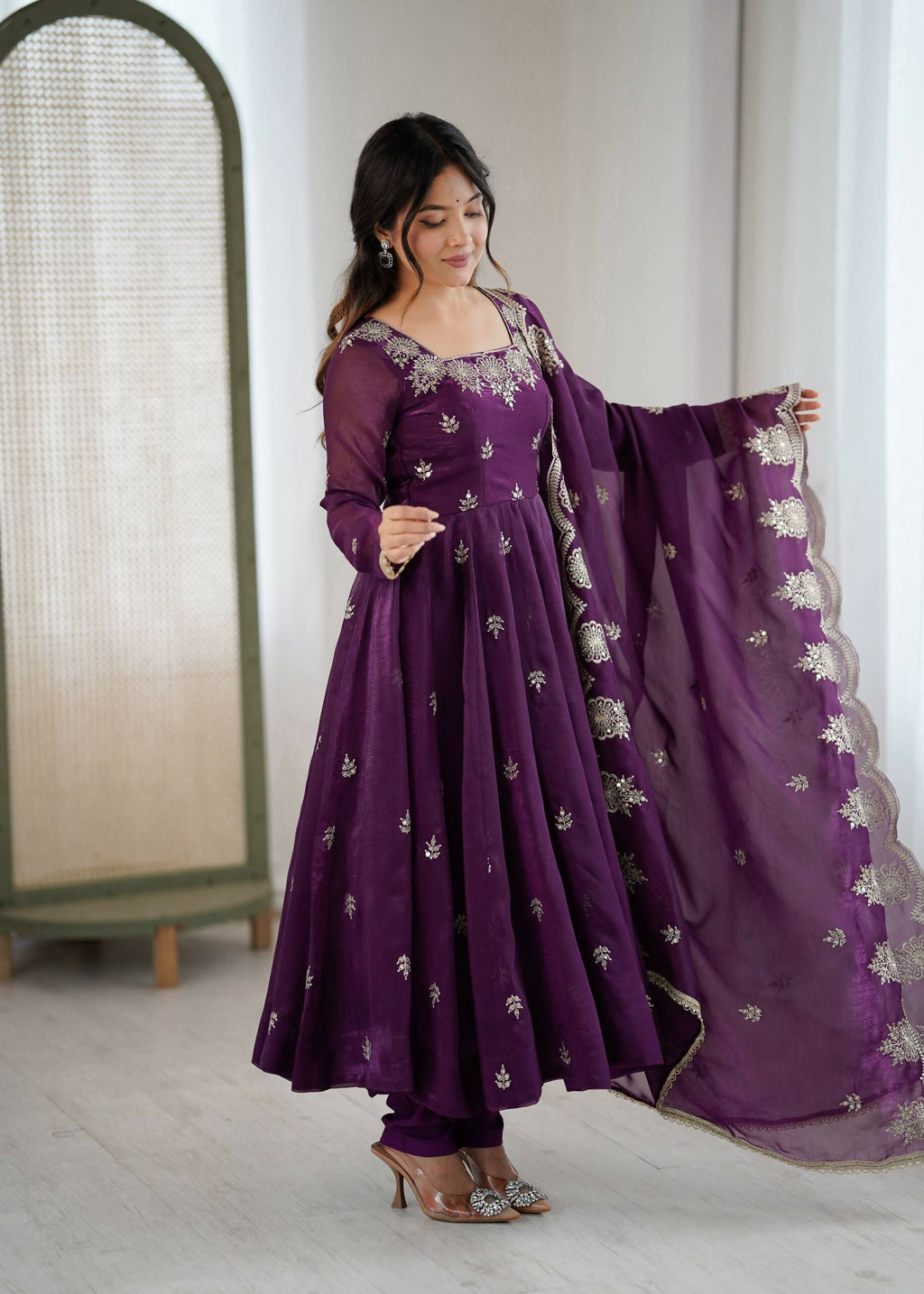 Teeya Creation Wine Color Crunchy Silk Embroidery Work Wedding Wear Gown