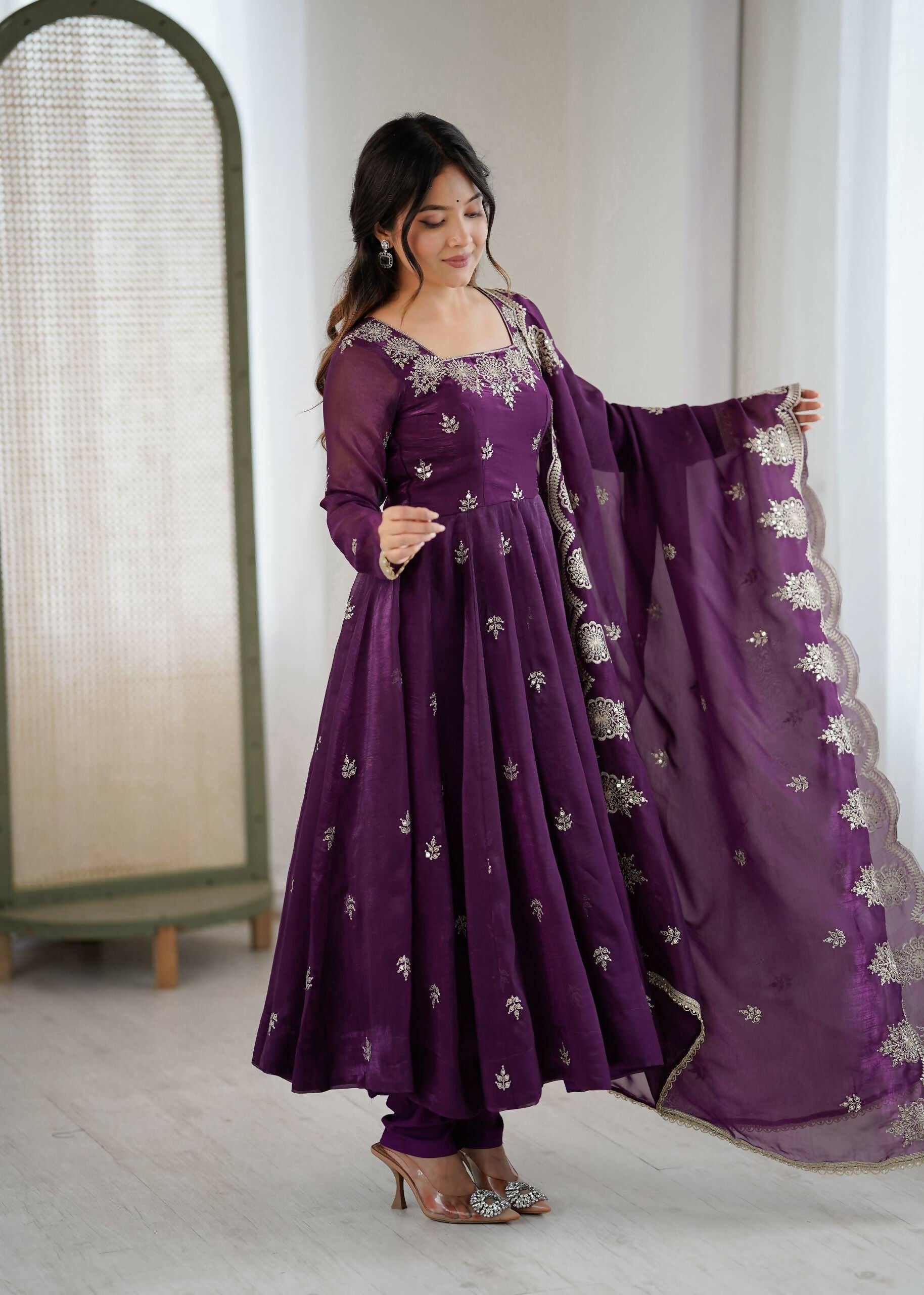 Teeya Creation Wine Color Crunchy Silk Embroidery Work Wedding Wear Gown