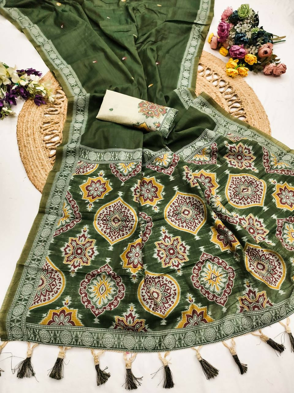 Vastranavya Green Muga Cotton Meenakari & Azarakh Pallu Saree with Contrast Blouse