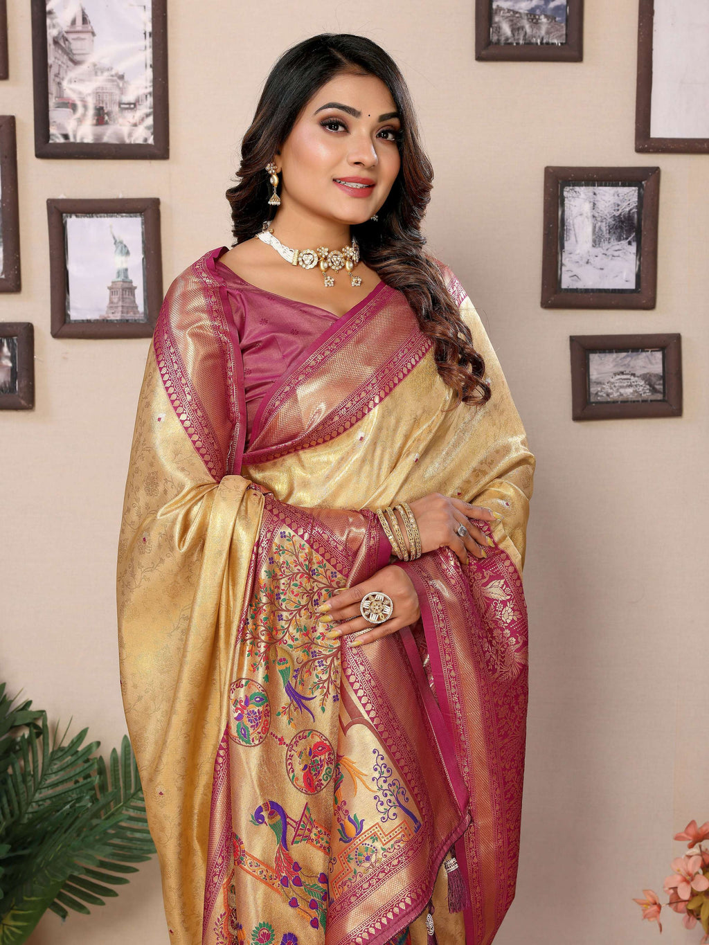 Aastha Fashion Cream Tissue Silk Weaving Saree