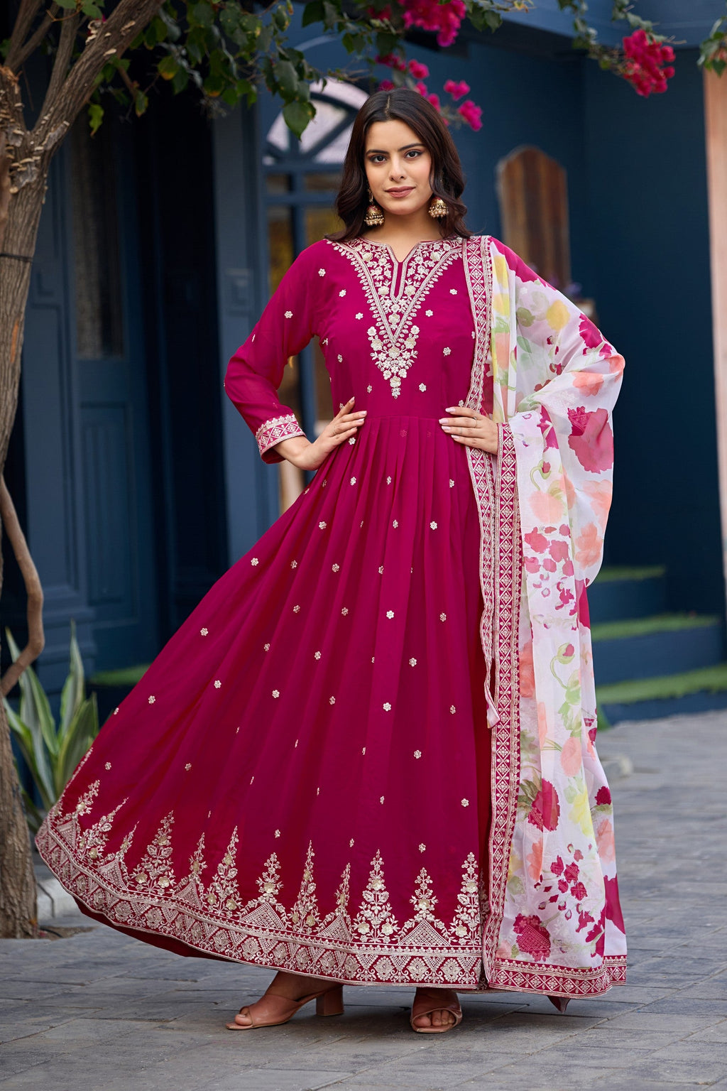 Anaita Pink Embroidered Georgette Stitched Anarkali Suit With Dupatta