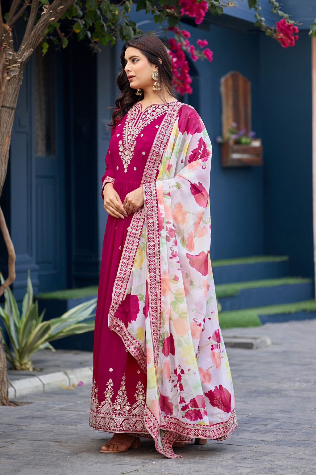 Anaita Pink Embroidered Georgette Stitched Anarkali Suit With Dupatta