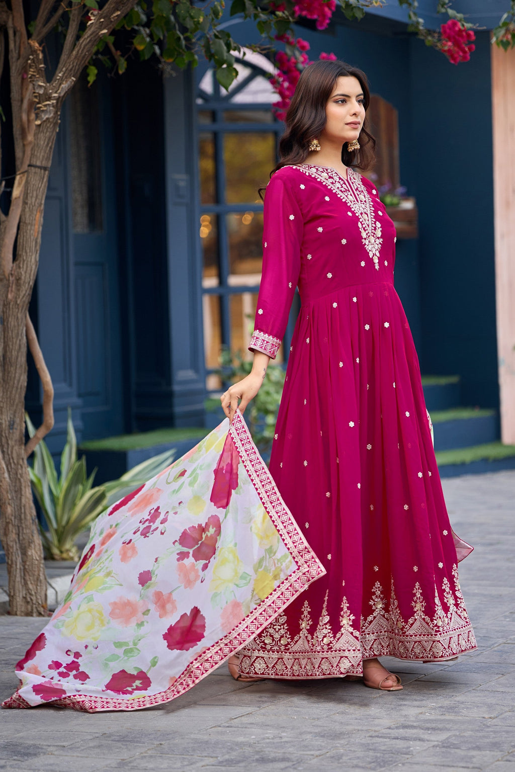 Anaita Pink Embroidered Georgette Stitched Anarkali Suit With Dupatta
