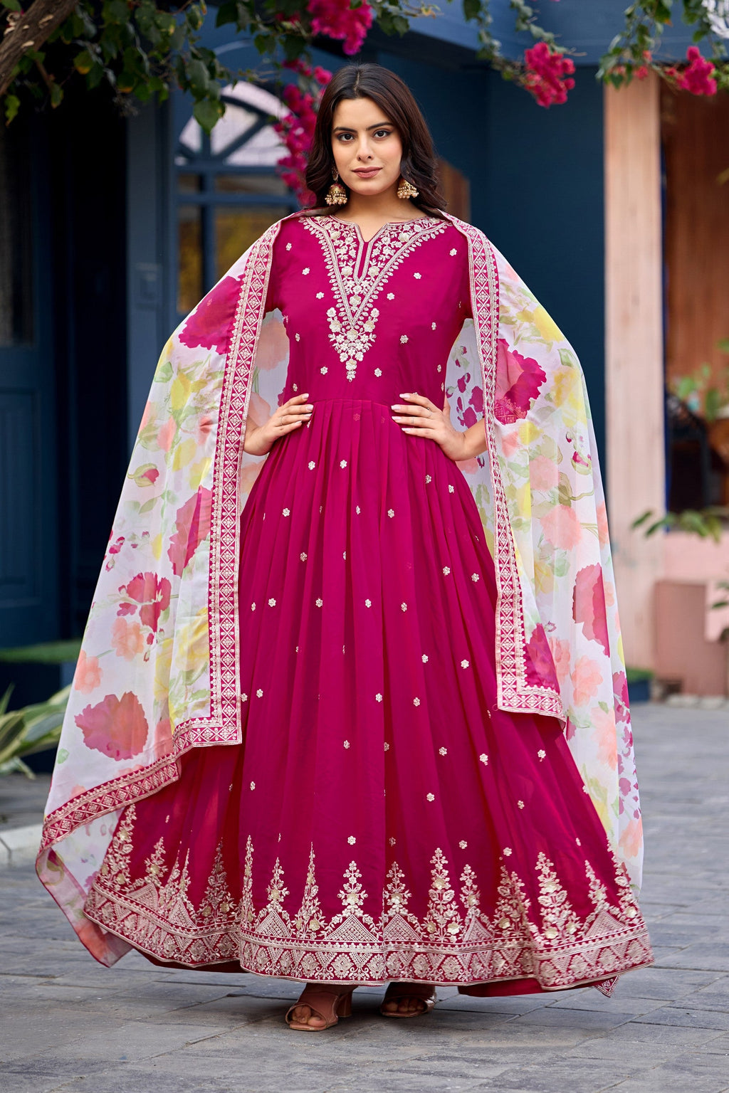 Anaita Pink Embroidered Georgette Stitched Anarkali Suit With Dupatta