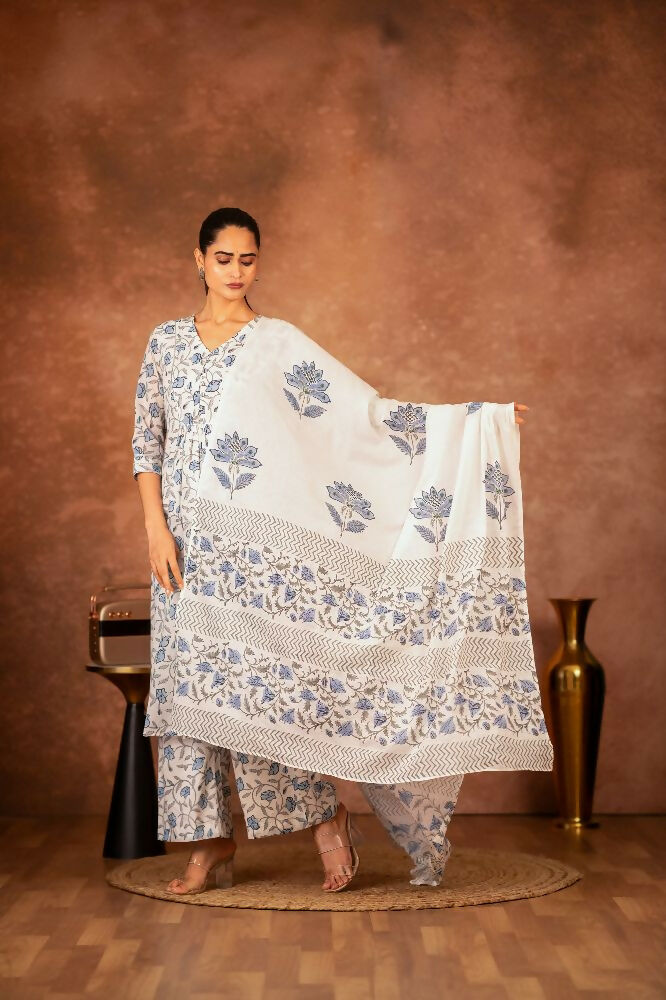 Joban Fashion Blue Hand Block Printed Cotton Suit Set