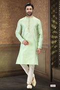 Raivat Ethnic Jacquard Art Silk Thread Work Kurta Pajama In Pista Green Colour