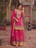 Anaita Rani-Pink Chinon Readymade Palazzo Suit with Codding Dori & Sequence Work